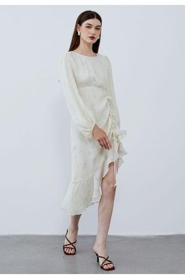 Asymmetric Ruffle Hem Floral Midi Dress in Cream