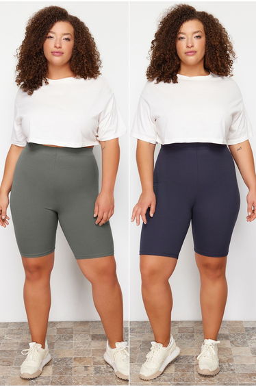 Navy Blue - Khaki 2-Pack Biker Knitted Leggings