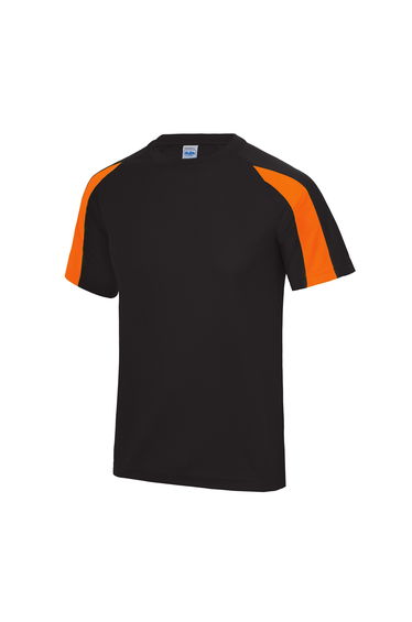 Just Cool Mens Contrast Cool Sports Plain T-Shirt - Jet Black/Electric Orange
