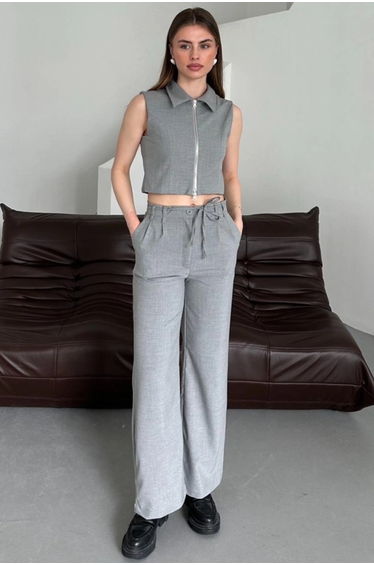 MY FASHION Sleeveless Zippered Vest & Wide Leg Pants Two-Piece Coord Set