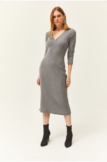 Olalook Grey Column Midi Dress with Long Sleeves