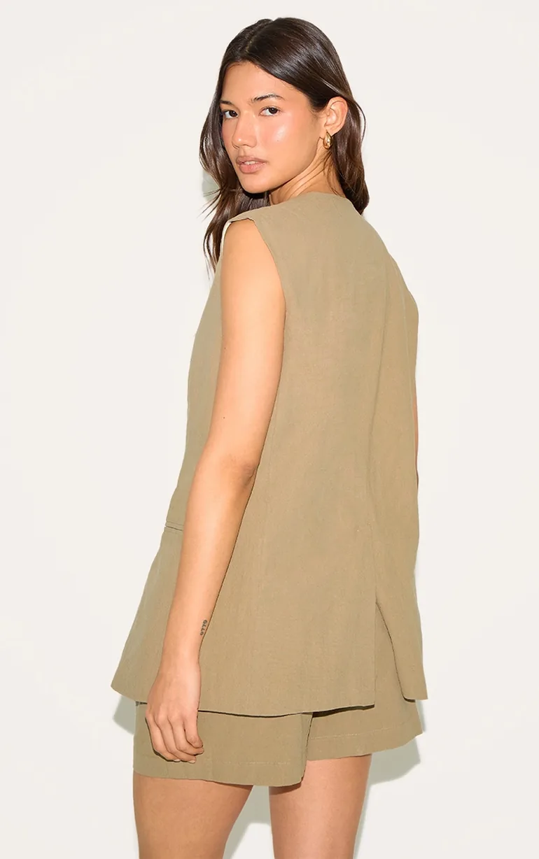 Sage Khaki Longline Waistcoat - 1