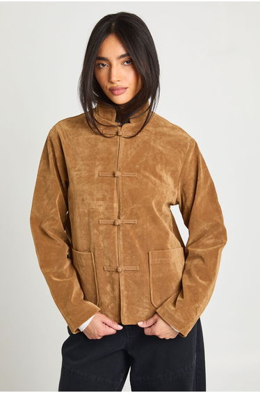 Stand Up Collar Faux Suede Jacket - tan