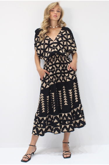 Women's Black Front Back V Neck Patterned Flounce Skirt Summer Woven Dress