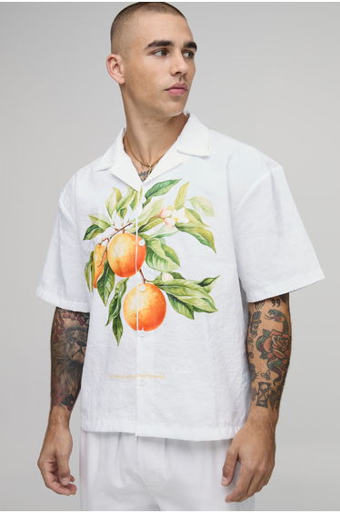 Oversized Boxy Fruit Print Revere Shirt - white