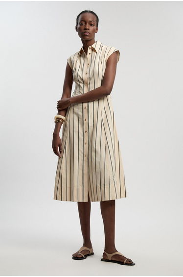 Petite Mono Stripe Cotton Top Stitch Woven Midi Shirt Dress