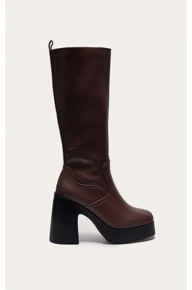 Chocolate PU Wide Fit Square Toe Block Heel Slight Platform Knee High Boots