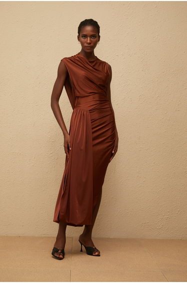 Reine Brown Asymmetrical Ruched Maxi Dress