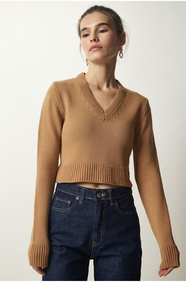 Women's Biscuit V-Neck Crop Knitwear Sweater