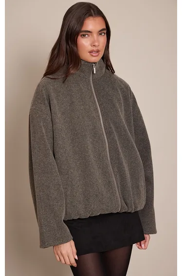 Charcoal Funnel Neck Ruched Sleeve Wool Bomber