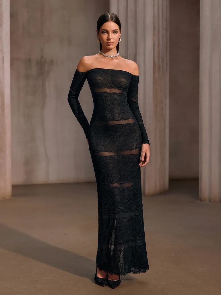 فستان ميو ميوز أسود ماكسي بقصة مستقيمة - 1