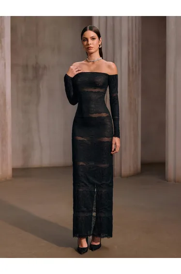 فستان ميو ميوز أسود ماكسي بقصة مستقيمة