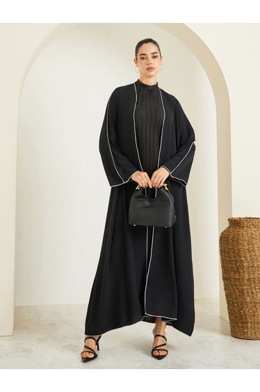 Women Black Front Open Abaya with Contrast Piping