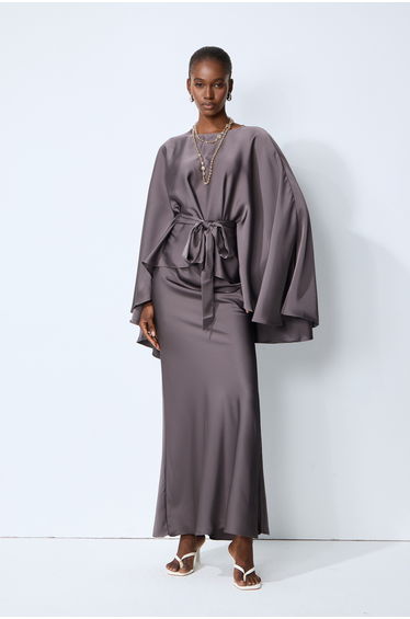 Exceptionally Graceful Grey Satin Cape Sleeve Top & Skirt Set