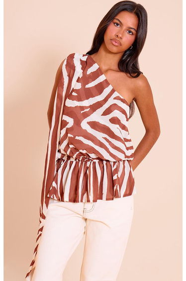 Petite Zebra Sheer One Shoulder Flowy Ruched Long Top