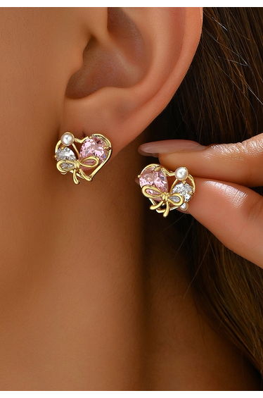 Pink-White Rhinestones Bowknot and Heart Earrings