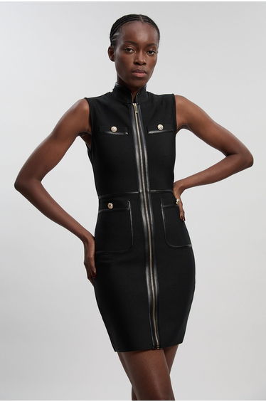 Sleeveless Pu Tipped Military Bandage Mini Dress
