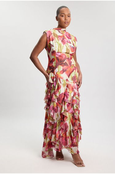 Plus Size Crinkle Floral Print Beaded High Neck Maxi Dress
