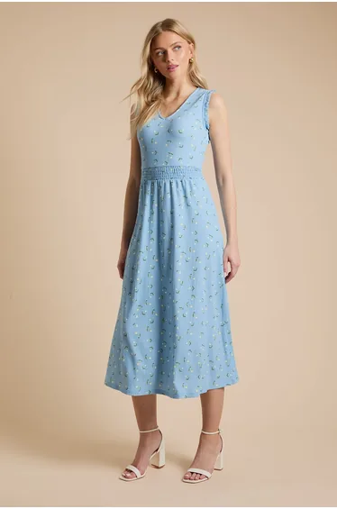 Blue Ditsy V Neck Shirred Waist Printed Jersey Midi Dress
