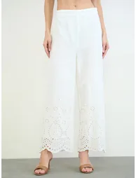 Off White Wide Leg Trousers with Laser Cut Detail - 1