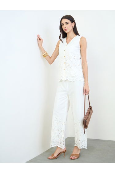 Off White Wide Leg Trousers with Laser Cut Detail