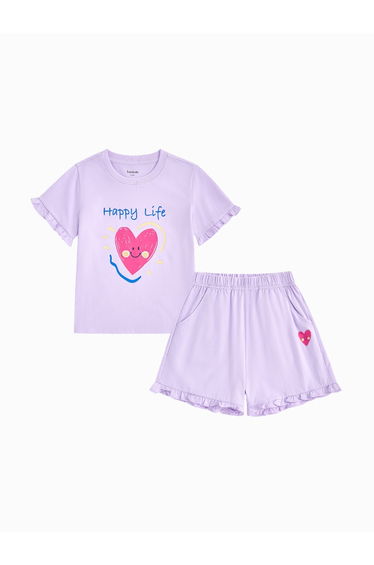 Girls' Two-Piece Set - Printed Ruffled T-Shirt And Shorts