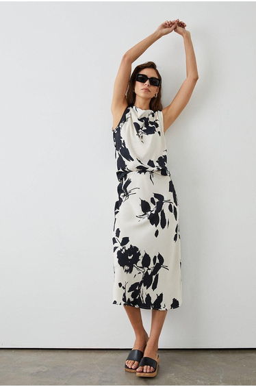 Mono Leaf Print High Neck Gather Detail Sleeveless Top - mono