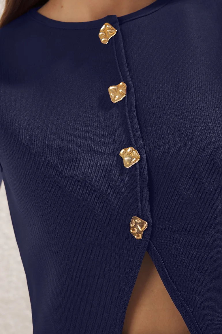 Navy Blue Fitted Slim Crew Neck Crop Vest - 3