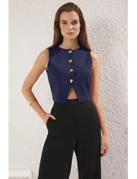 Navy Blue Fitted Slim Crew Neck Crop Vest