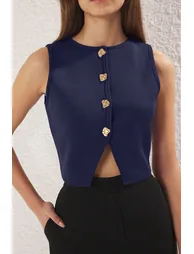 Navy Blue Fitted Slim Crew Neck Crop Vest - 2