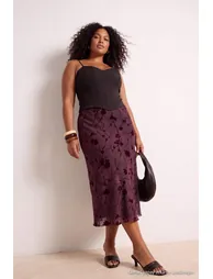 Burgundy Flock Patterned Knitted Plus Size Skirt