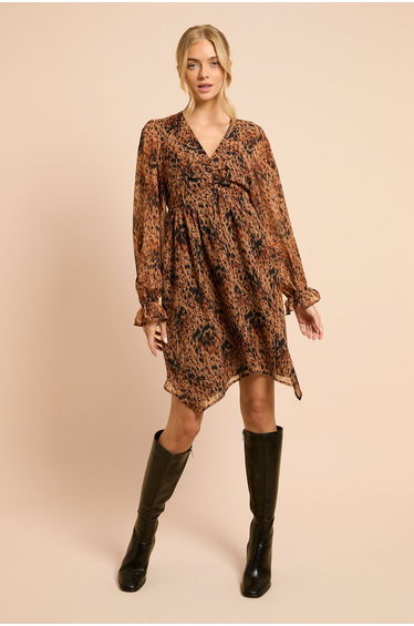 Neutral Animal Hanky Hem Ruched Detail Printed Chiffon Mini Dress