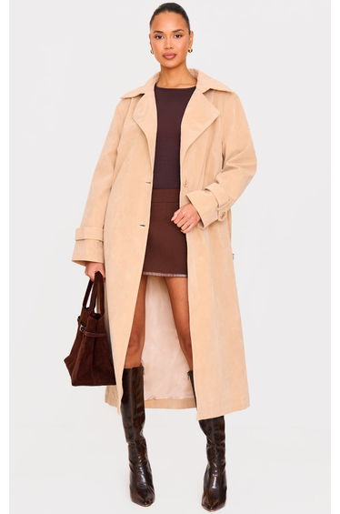 Stone Faux Suede Buckle Belt Trench Coat