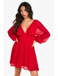 Petite Chiffon Tie Waist Balloon Sleeve Mini Dress - red - 2