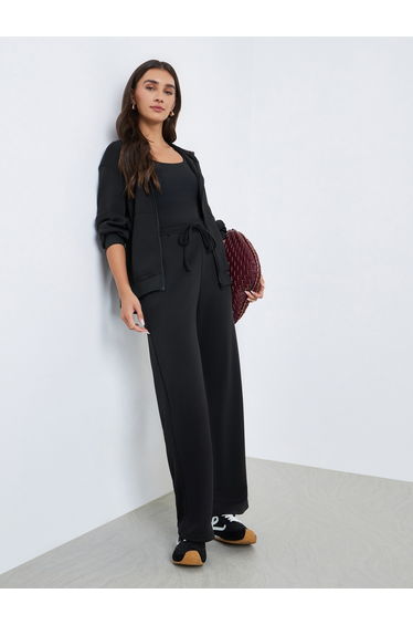 Women Black Hooded Bomber Jacket and Pants Co-Ords