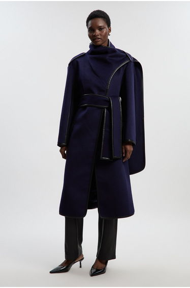 Brushed Wool Pu Mix Scarf Neck Belted Tailored Maxi Coat