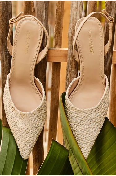 Natural Raffia Flared Heel Slingback Court Shoe*