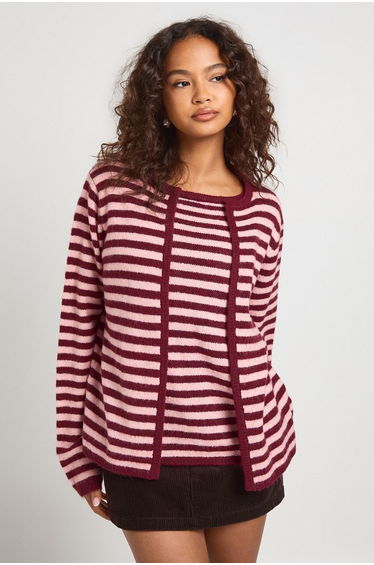 Super Soft Stripe Knitted 2-in-1 Cami and Cardigan