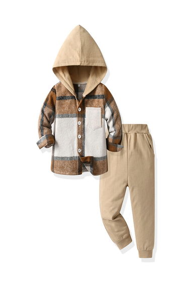 Boys Brown Checked Hooded Shirt and Jogger Set