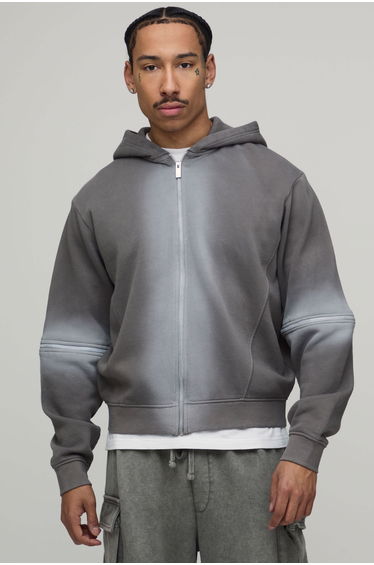 Boxy Spray Wash Zip Through Hoodie - charcoal