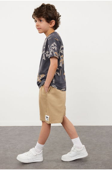Boy's Anthracite Palm Tree Patterned T-shirt-Shorts Knitted Bottom Top Set