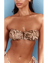 Brown Snake Print U Bar Tie Back Bandeau Bikini Top - 1