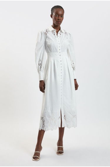 Cotton Cutwork Balloon Sleeve Woven Midi Dress