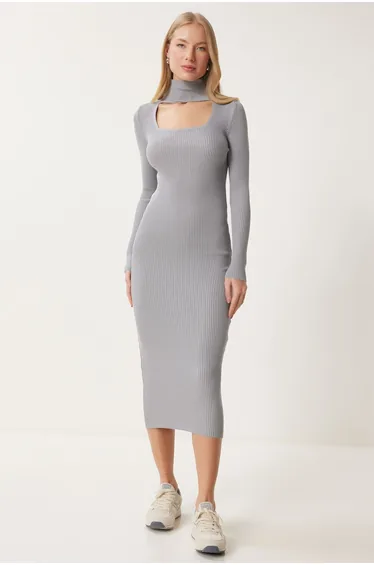 Women's Gray Cut Out Detailed Stand Collar Ribbed Knit Dress