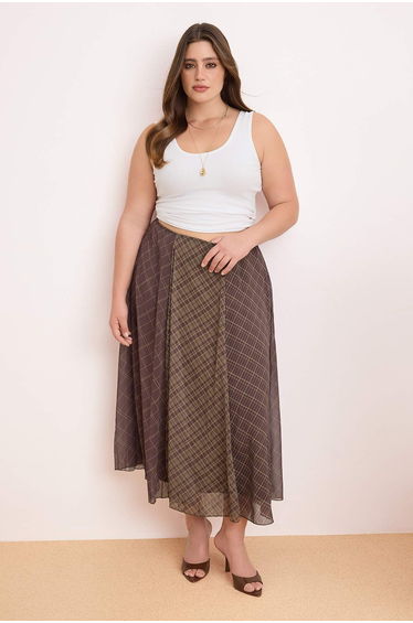 Khaki-Brown Plaid Lined Chiffon Wrinkle Effect Maxi Asymmetrical Plus Size Skirt