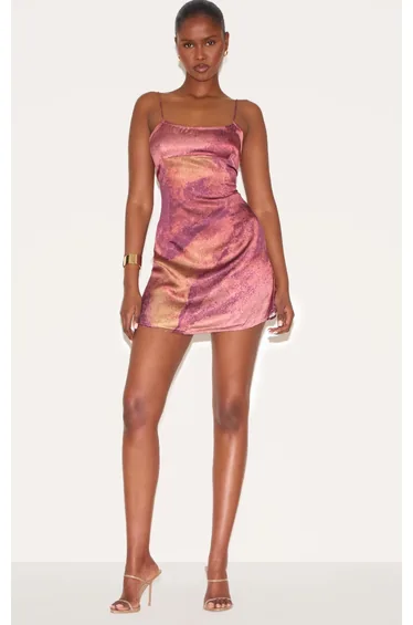 Dark Purple Floral Printed Satin Shift Dress