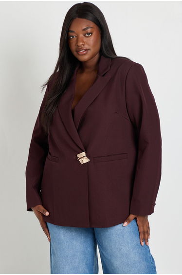 Plus Gold Trim Single Breasted Blazer - plum