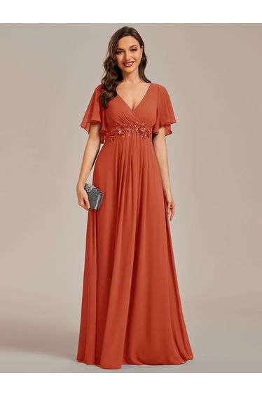 ever IVYROSE|Ruffles Sleeve A-Line Chiffon Waist Applique Maxi Formal Evening Dress