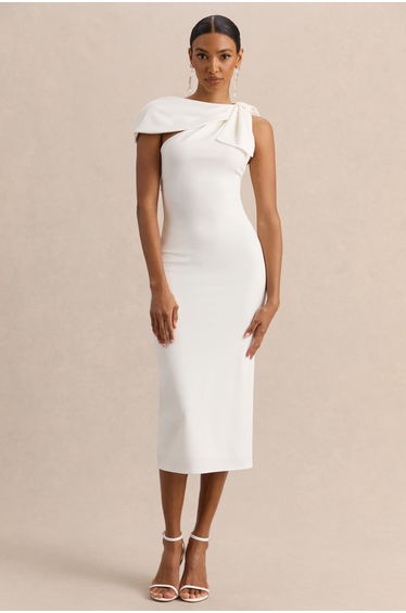 Clarina | White Asymmetric-Neck Midi Dress With Bow-Detail