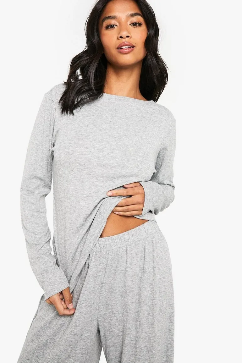 Petite Pointelle Long Sleeve Top and Wide Leg Trouser Pyjama Set - grey marl - 3